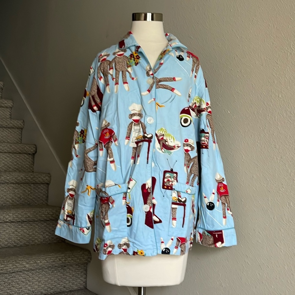 Nick & Nora Sz M Blue Pajama Sock Monkeys Top Only